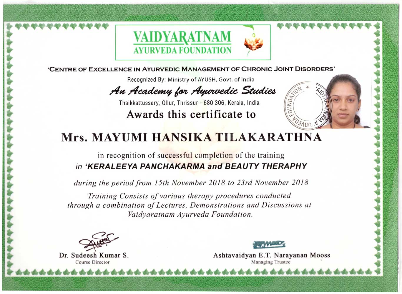 Сертификат "Панчакарма, терапия красоты", Маюми Хансика