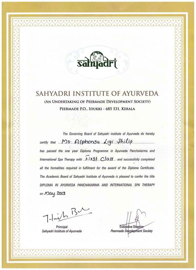 Сертификат "Аюрведа Панчакарма и интернацеональная СПА-терапия", Sahyadri Institute of Ayurveda, Альфонса Лиджи Филип