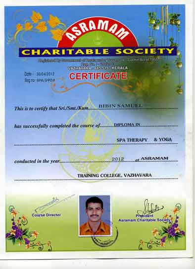 Сертификат "ЙОГА и СПА терапия" Asramam Training College, Vazhavara, 685515, Kerala 2012 год
